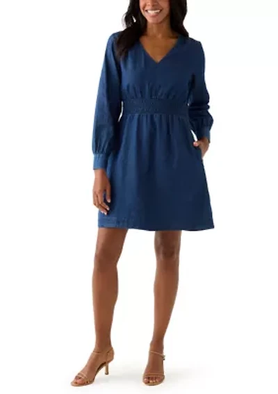 Women's Long Sleeve Smocked Denim Dress