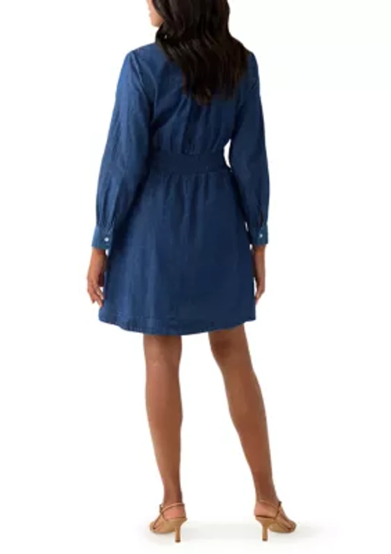 Women's Long Sleeve Smocked Denim Dress