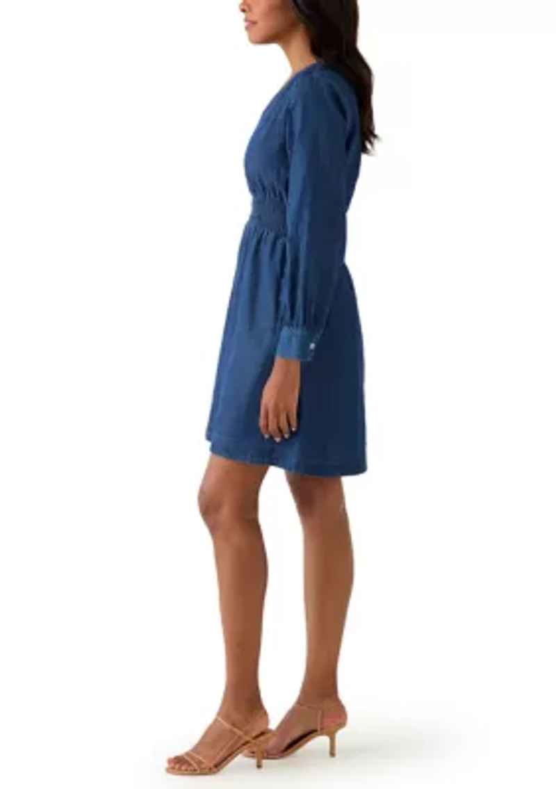 Women's Long Sleeve Smocked Denim Dress