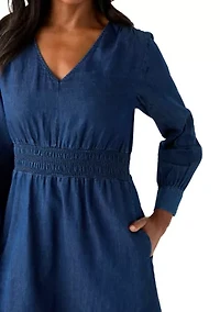 Women's Long Sleeve Smocked Denim Dress
