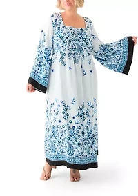 Plus Bell Sleeve Square Neck Floral Print Maxi Dress