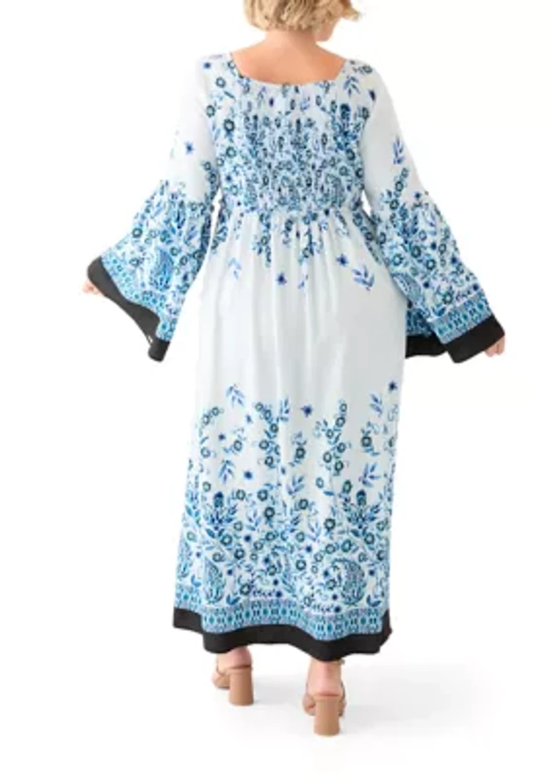 Plus Bell Sleeve Square Neck Floral Print Maxi Dress