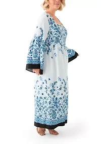Plus Bell Sleeve Square Neck Floral Print Maxi Dress