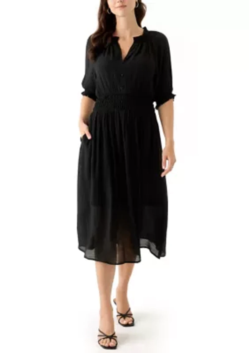 Women's Elbow Sleeve V-Neck Solid Midi Dress