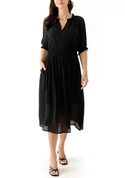 Women's Elbow Sleeve V-Neck Solid Midi Dress