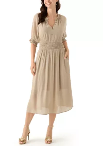 Women's Elbow Sleeve V-Neck Solid Midi Dress