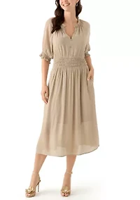 Women's Elbow Sleeve V-Neck Solid Midi Dress