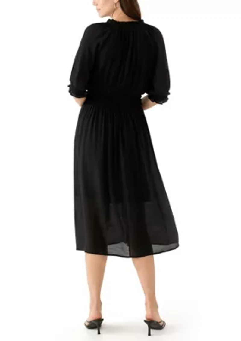 Women's Elbow Sleeve V-Neck Solid Midi Dress