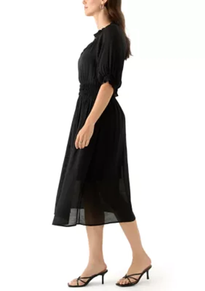Women's Elbow Sleeve V-Neck Solid Midi Dress