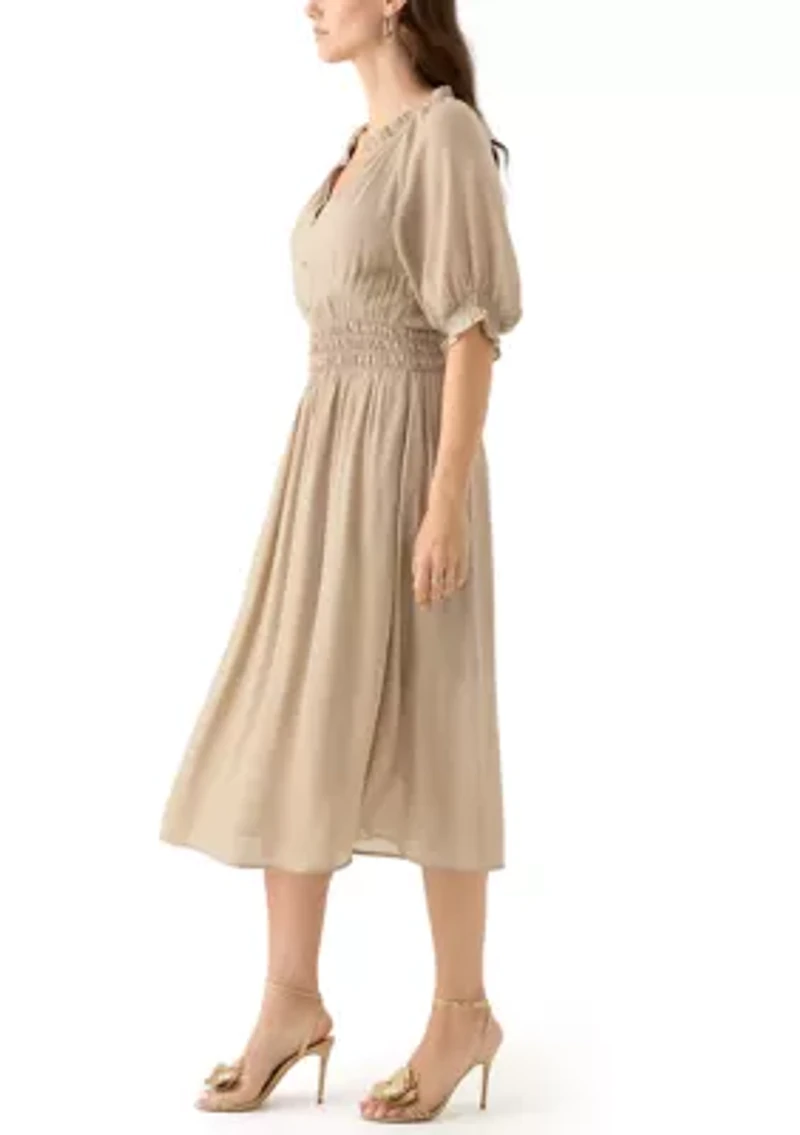 Women's Elbow Sleeve V-Neck Solid Midi Dress