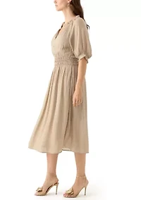 Women's Elbow Sleeve V-Neck Solid Midi Dress