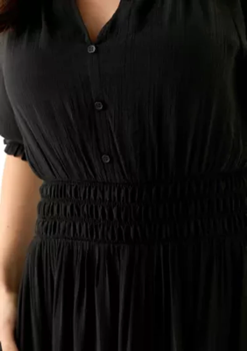 Women's Elbow Sleeve V-Neck Solid Midi Dress