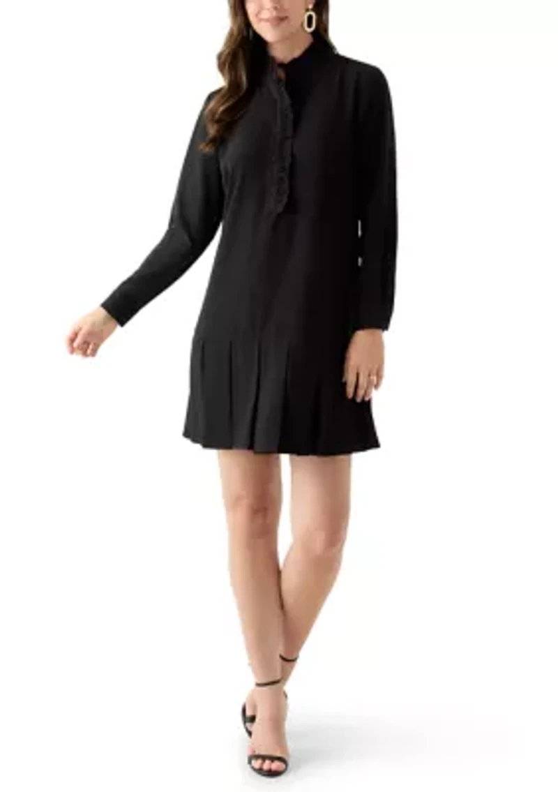 Women's Long Sleeve Mock Neck Solid Crepe A-Line Dress