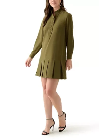 Women's Long Sleeve Mock Neck Solid Crepe A-Line Dress