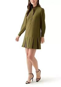 Women's Long Sleeve Mock Neck Solid Crepe A-Line Dress