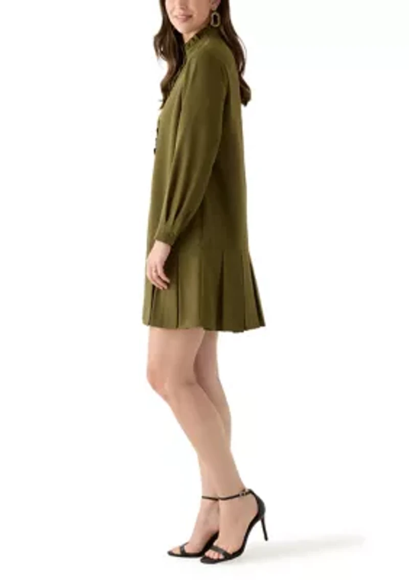 Women's Long Sleeve Mock Neck Solid Crepe A-Line Dress