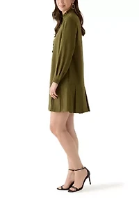 Women's Long Sleeve Mock Neck Solid Crepe A-Line Dress
