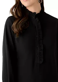 Women's Long Sleeve Mock Neck Solid Crepe A-Line Dress