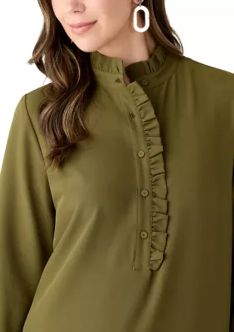 Women's Long Sleeve Mock Neck Solid Crepe A-Line Dress