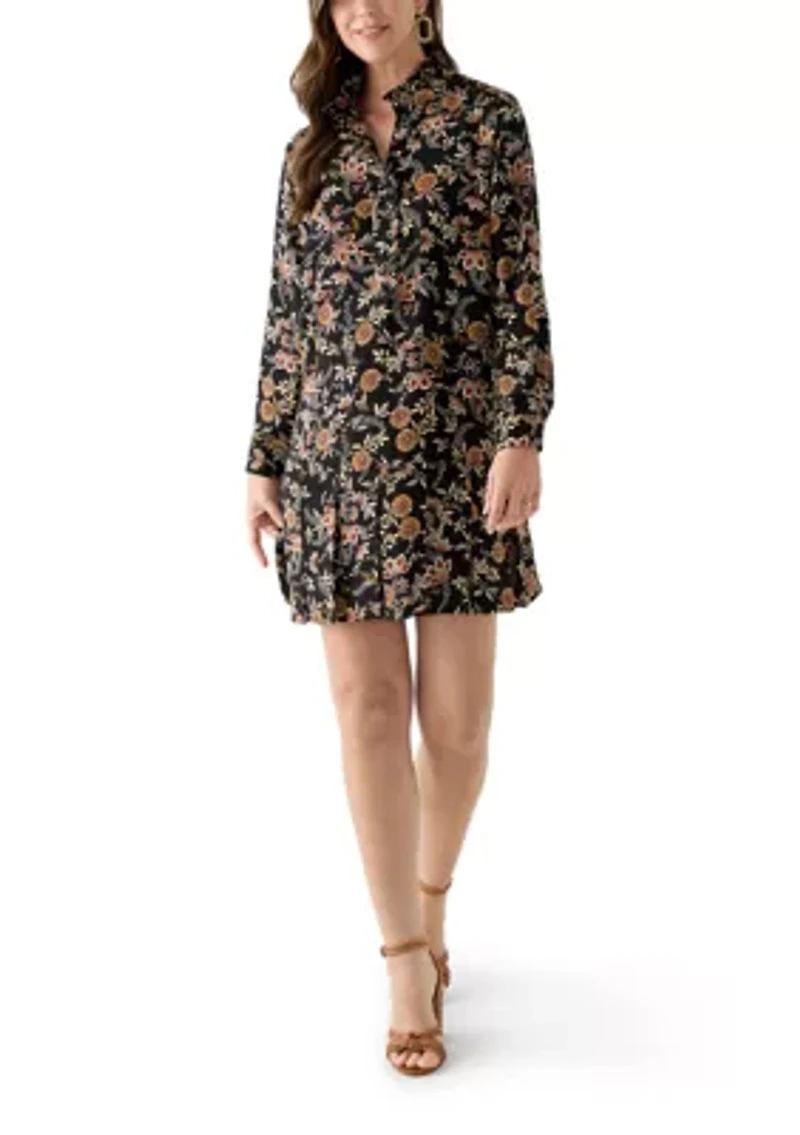 Women's Long Sleeve Floral Ruffle Neck Mini Babydoll Dress