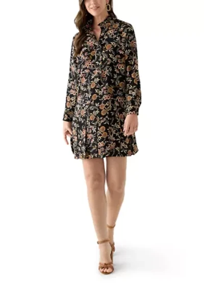 Women's Long Sleeve Floral Ruffle Neck Mini Babydoll Dress