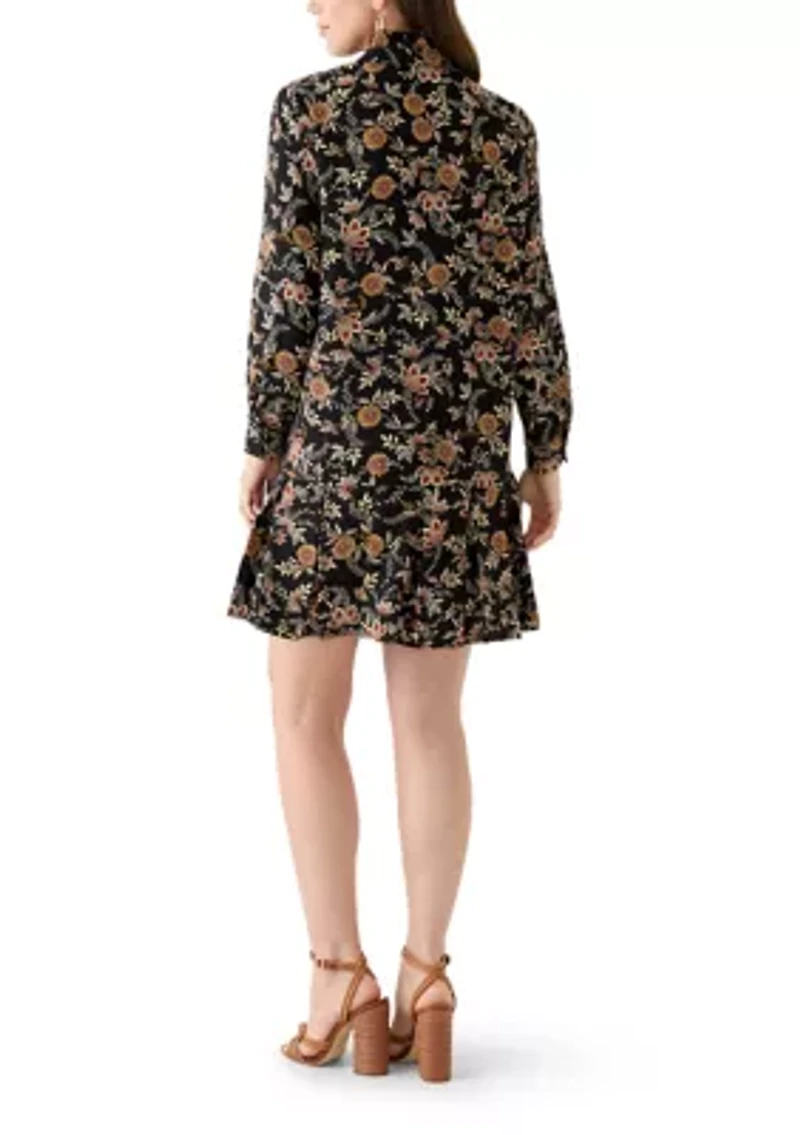 Women's Long Sleeve Floral Ruffle Neck Mini Babydoll Dress