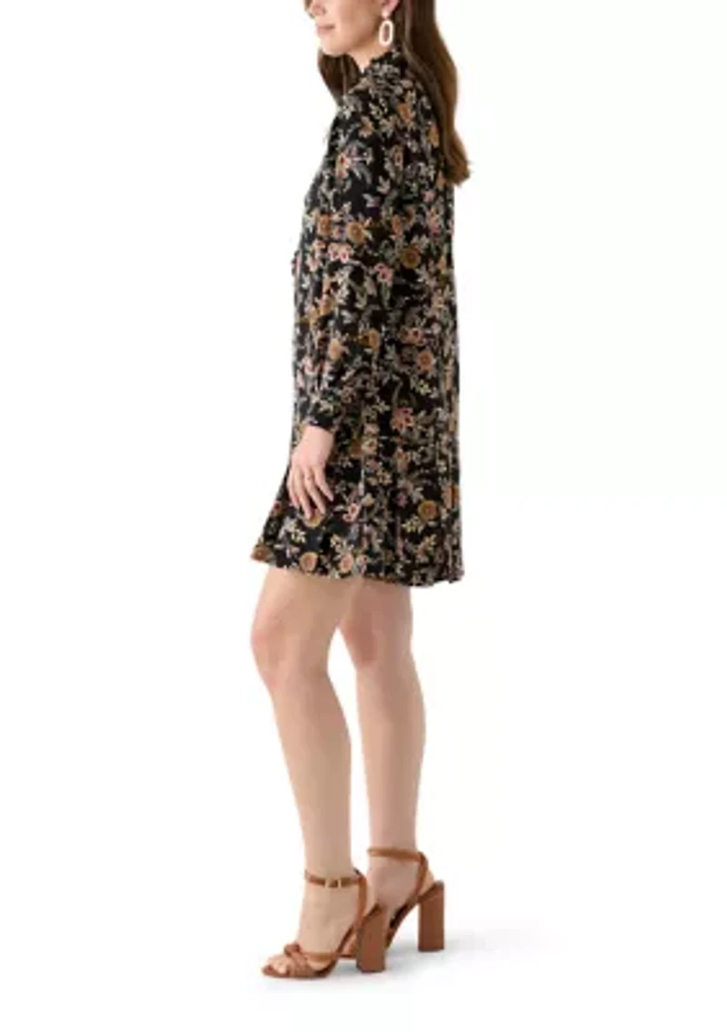 Women's Long Sleeve Floral Ruffle Neck Mini Babydoll Dress