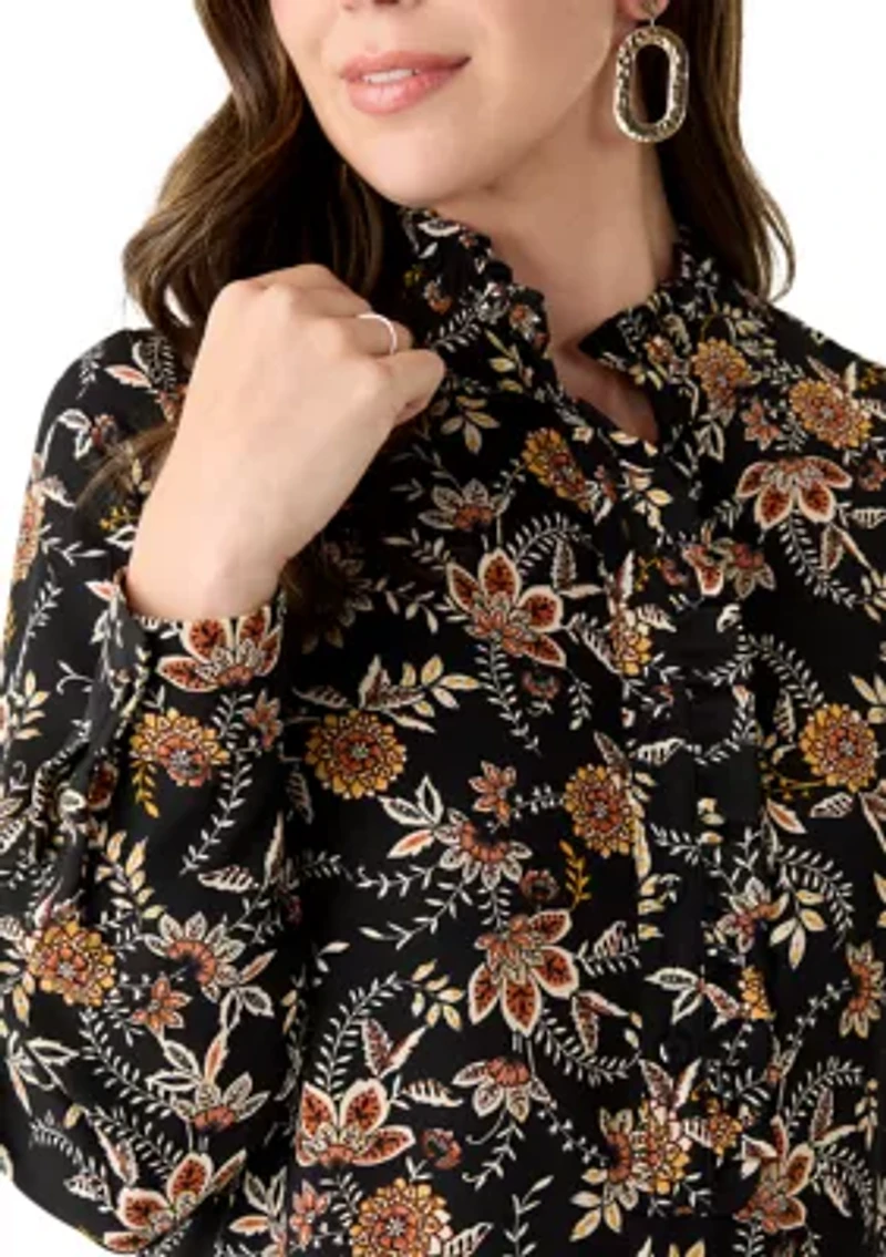 Women's Long Sleeve Floral Ruffle Neck Mini Babydoll Dress