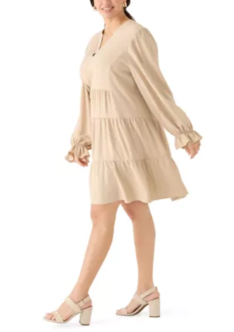 Plus Long Sleeve Tiered Babydoll Dress