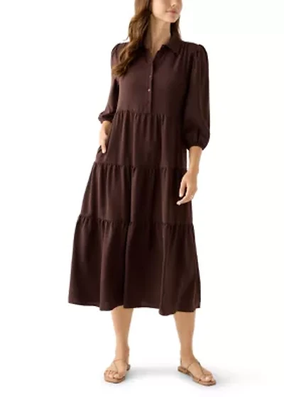 Women's 3/4 Puff Sleeve Button Down Collared Dress