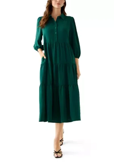 Women's 3/4 Puff Sleeve Button Down Collared Dress