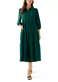 Women's 3/4 Puff Sleeve Button Down Collared Dress