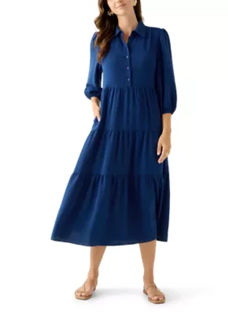 Women's 3/4 Puff Sleeve Button Down Collared Dress