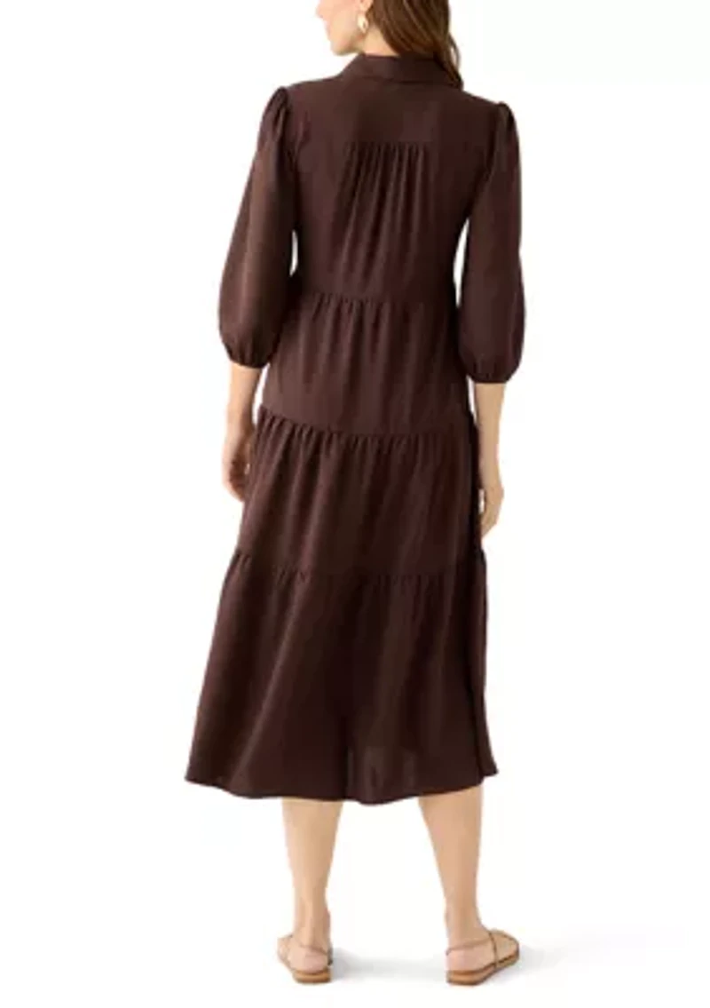 Women's 3/4 Puff Sleeve Button Down Collared Dress
