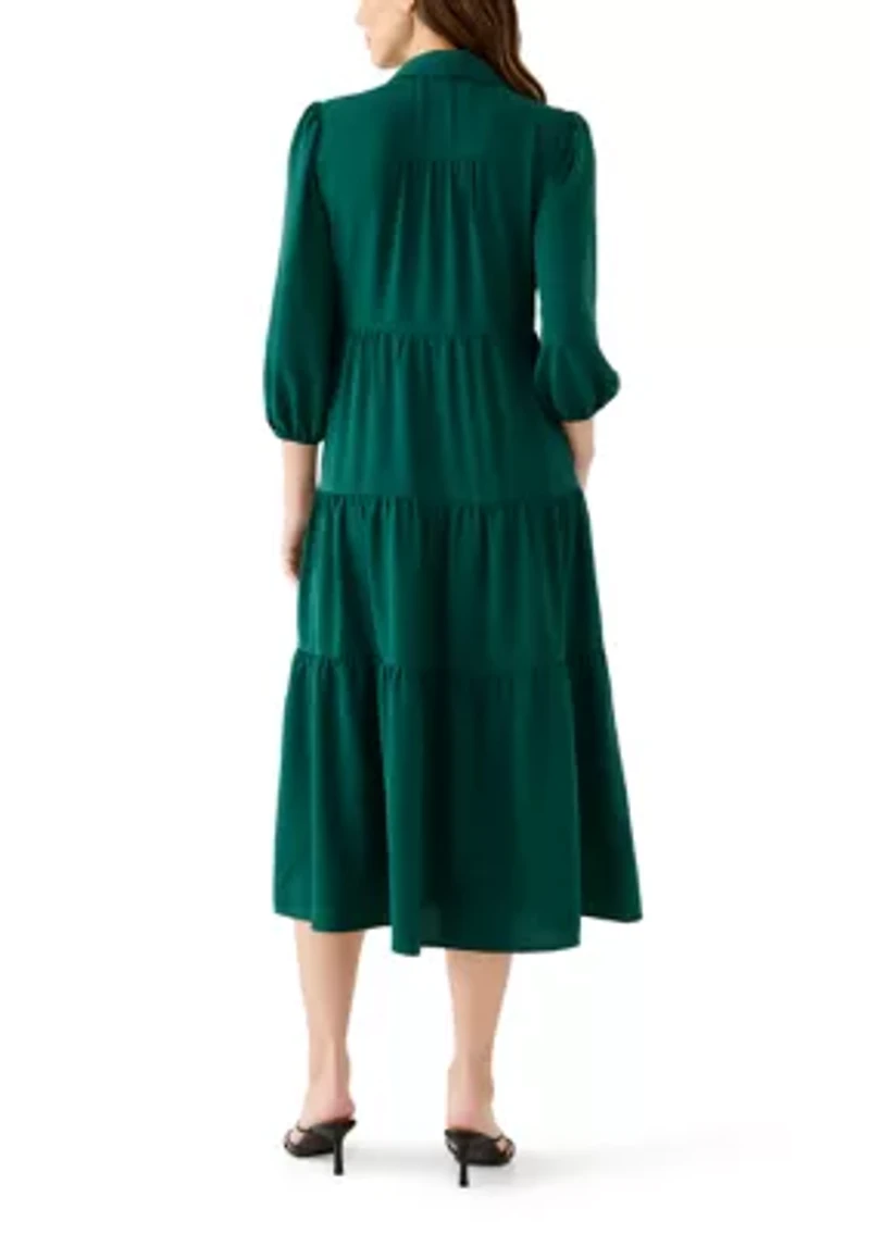 Women's 3/4 Puff Sleeve Button Down Collared Dress