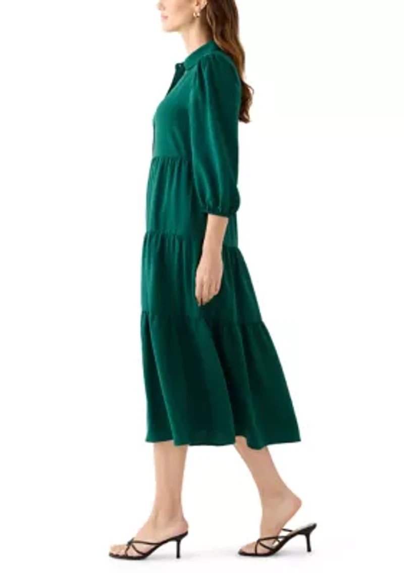 Women's 3/4 Puff Sleeve Button Down Collared Dress