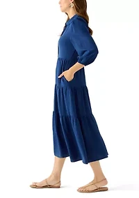 Women's 3/4 Puff Sleeve Button Down Collared Dress