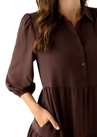 Women's 3/4 Puff Sleeve Button Down Collared Dress