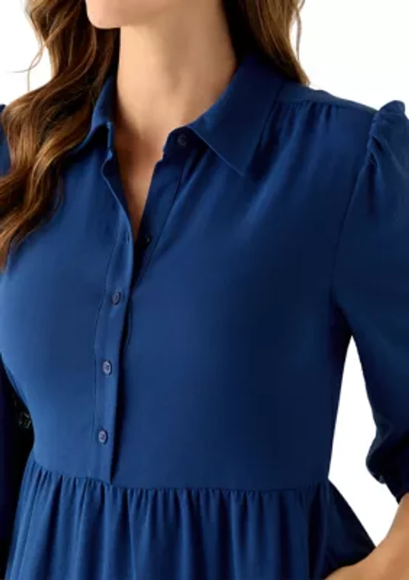 Women's 3/4 Puff Sleeve Button Down Collared Dress