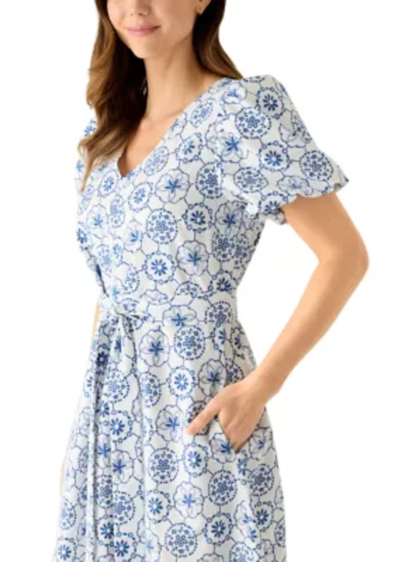 Women's Short Sleeve Tie Waist Midi Dress