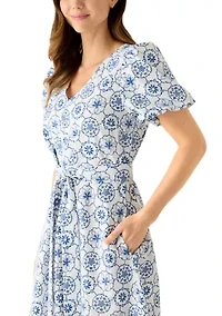 Women's Short Sleeve Tie Waist Midi Dress