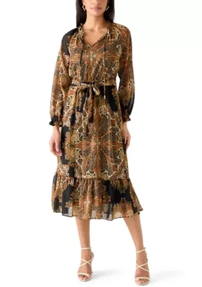 Women's Long Sleeve Medallion Print Midi Dress