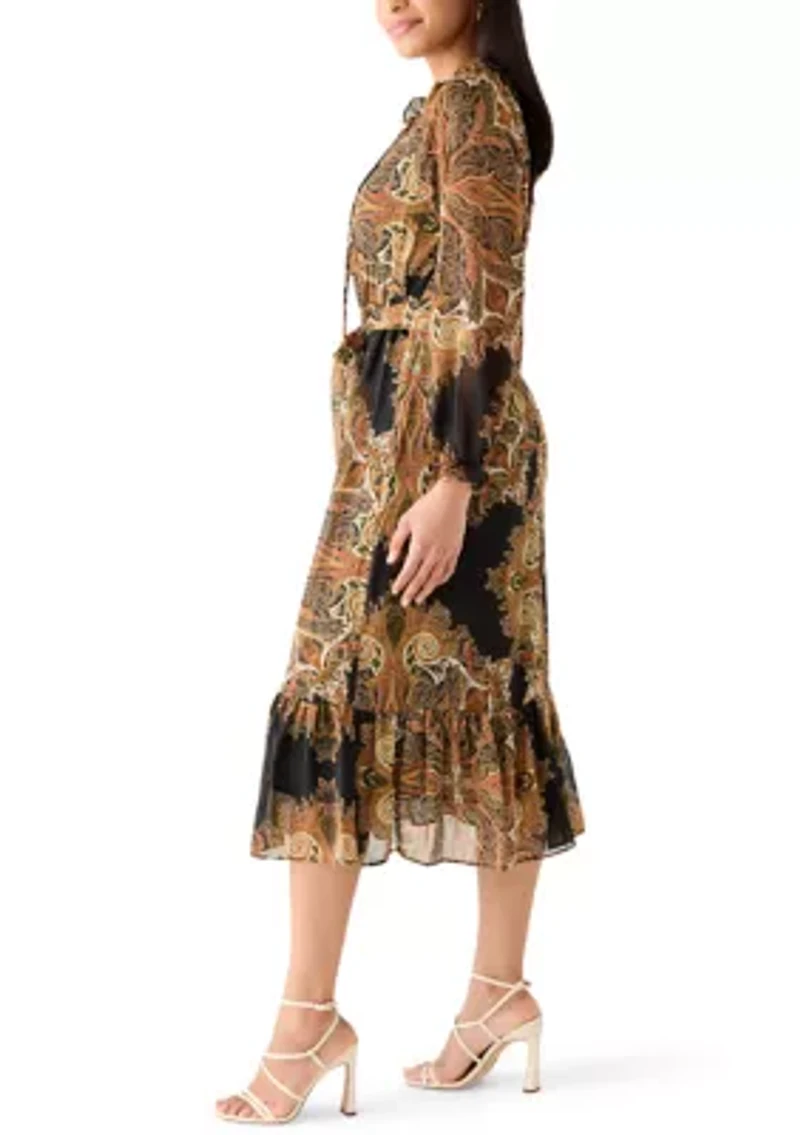 Women's Long Sleeve Medallion Print Midi Dress