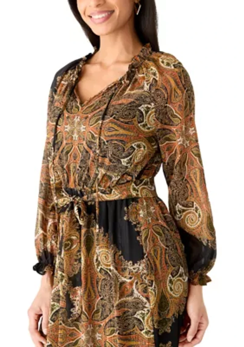 Women's Long Sleeve Medallion Print Midi Dress