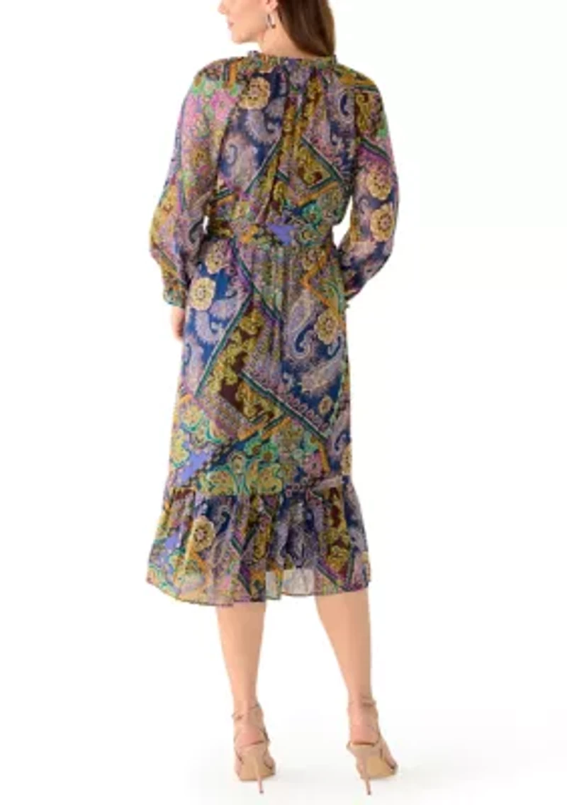 Women's Long Sleeve Belted Paisley Midi Dress