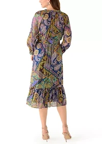 Women's Long Sleeve Belted Paisley Midi Dress