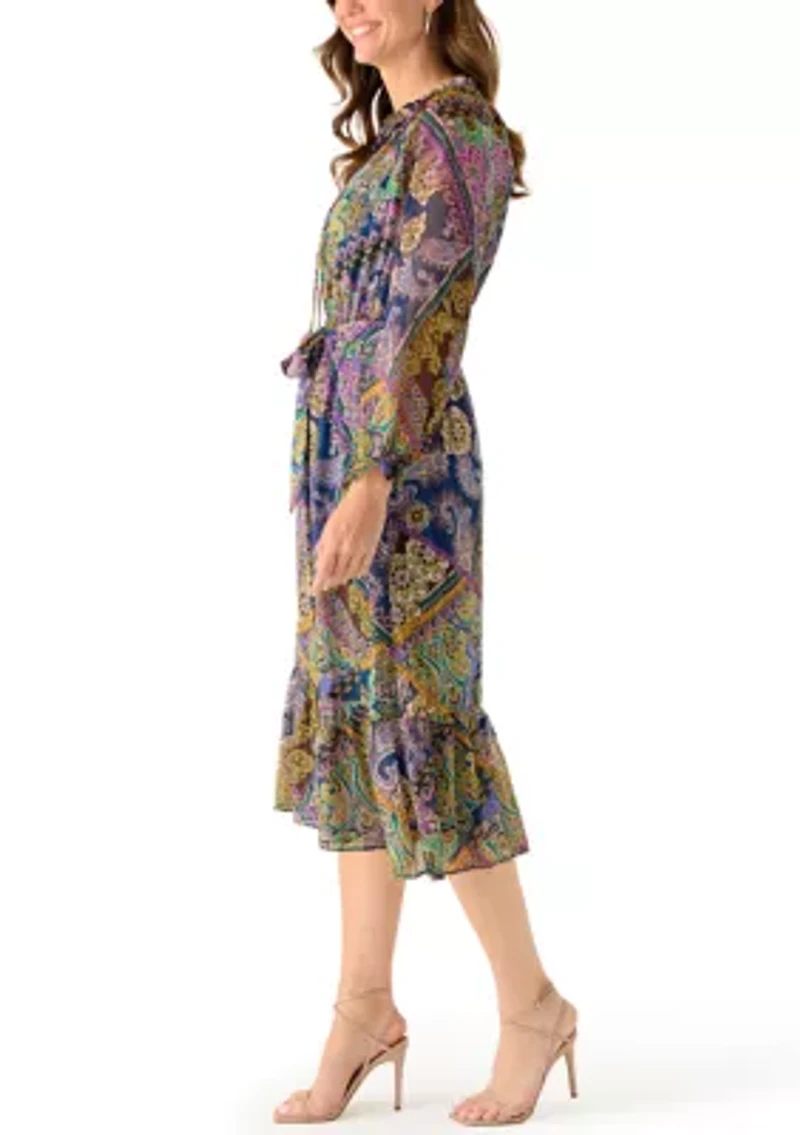 Women's Long Sleeve Belted Paisley Midi Dress