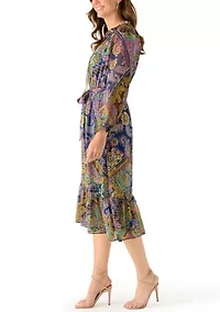 Women's Long Sleeve Belted Paisley Midi Dress