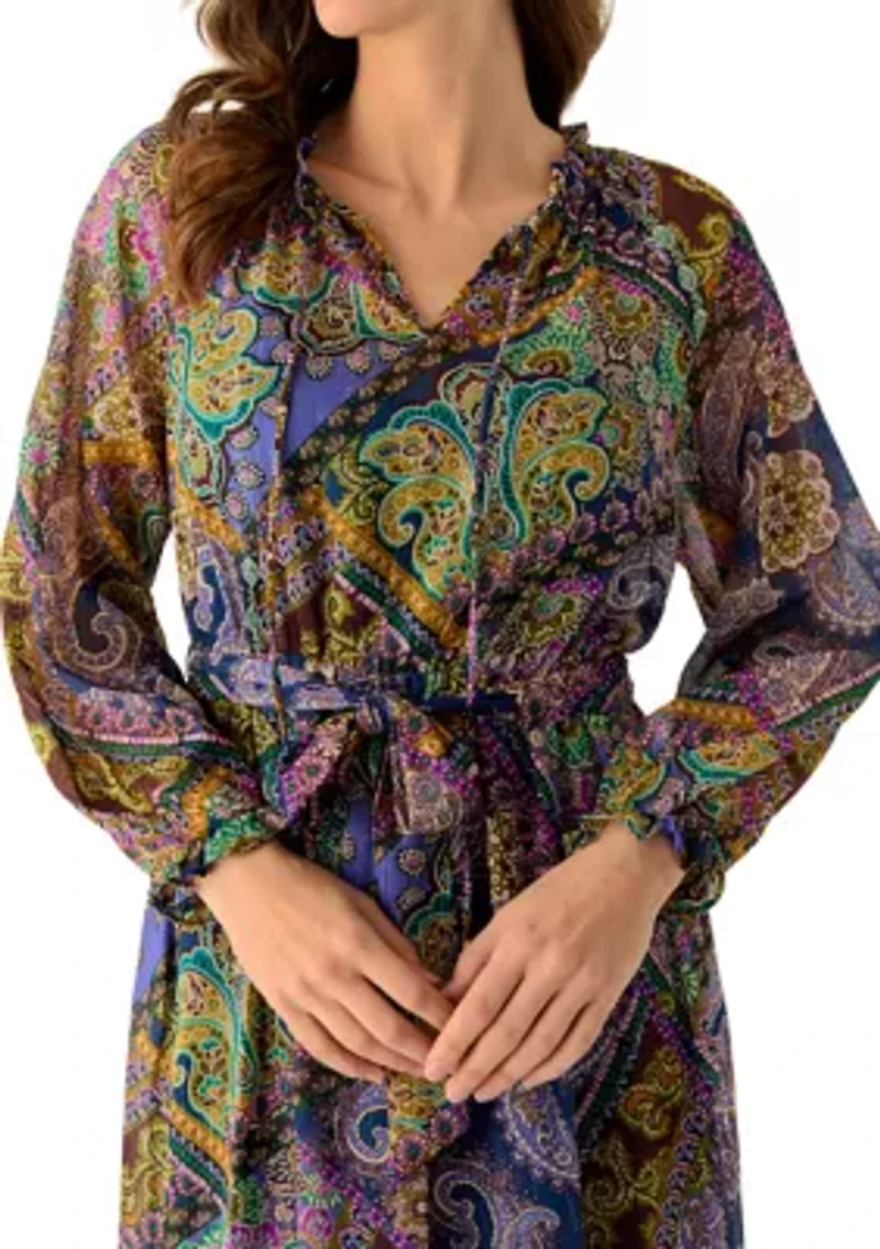 Women's Long Sleeve Belted Paisley Midi Dress
