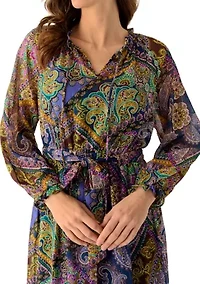 Women's Long Sleeve Belted Paisley Midi Dress